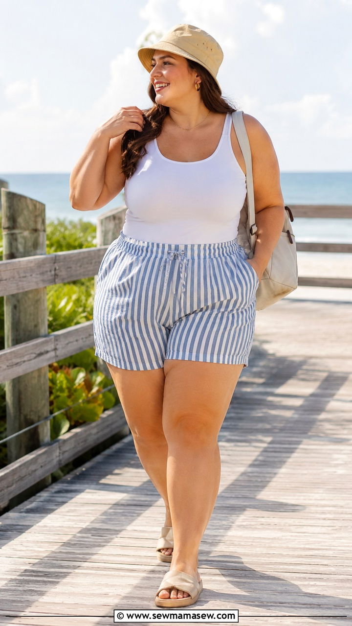 Striped Shorts And Simple Tank - 25 Plus size outfit ideas size 16 summer