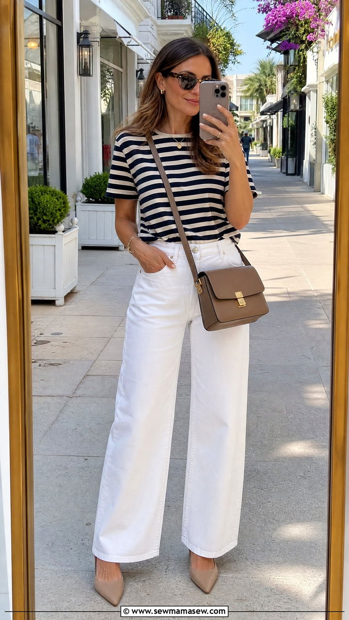 Striped Silk Blend Tee and White Wide Leg Jeans - 25 classy coastal grandmother outfit ideas