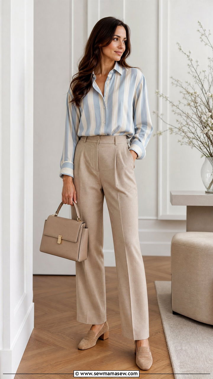 Striped Silk Button Down Shirt With Neutral Pleated Trousers - 25 Quiet luxury outfit ideas The Row style