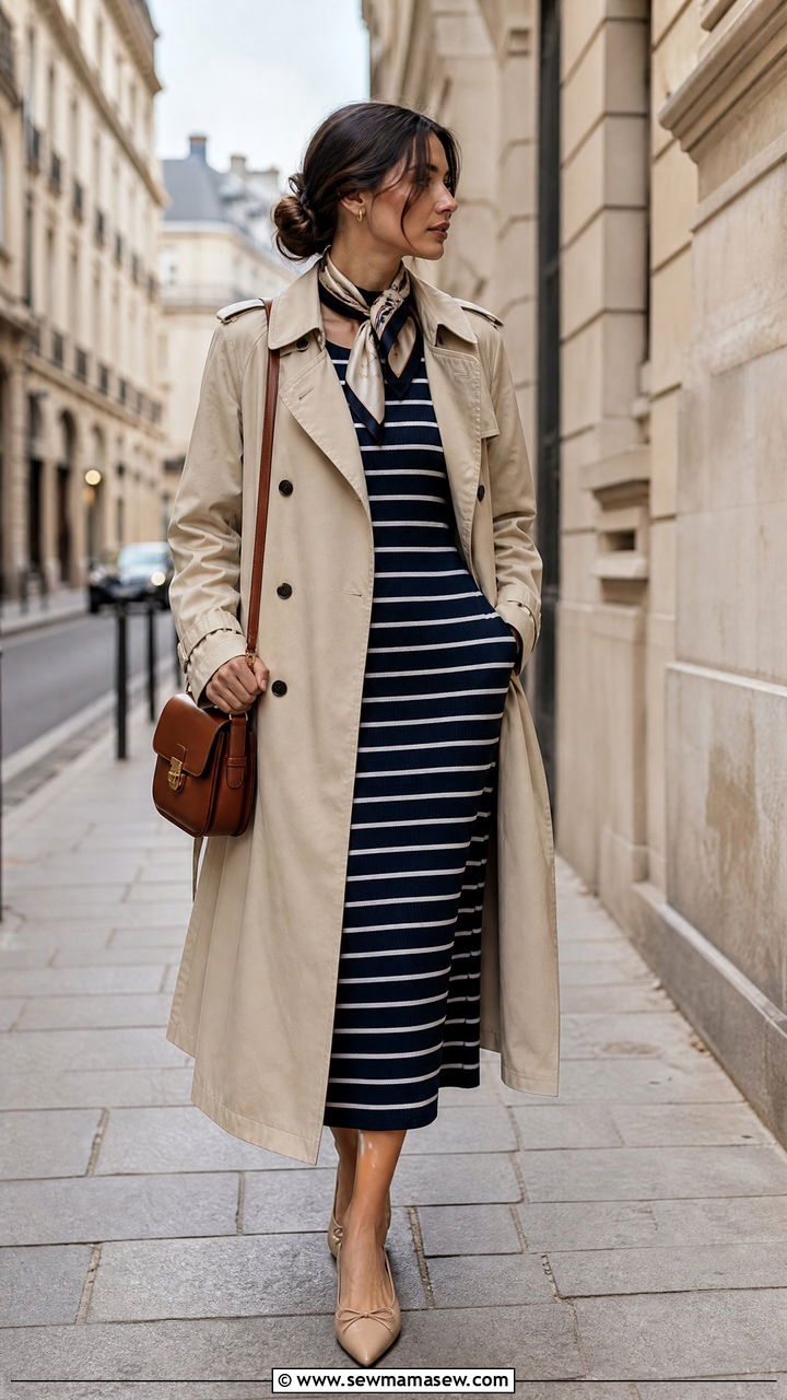 Striped Sleeveless Dress With Trench Coat - 30 Striped dress outfit ideas