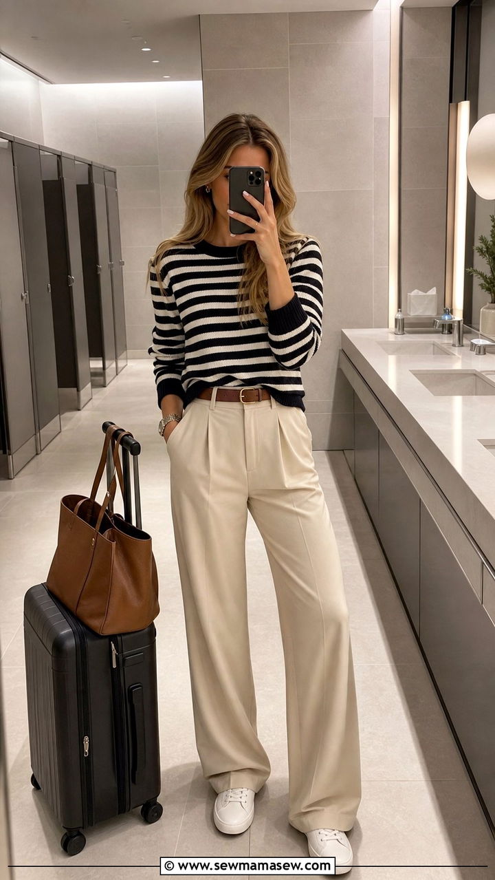 Striped Sweater And Beige Wide Leg Pants - 35 Airport outfit ideas old money