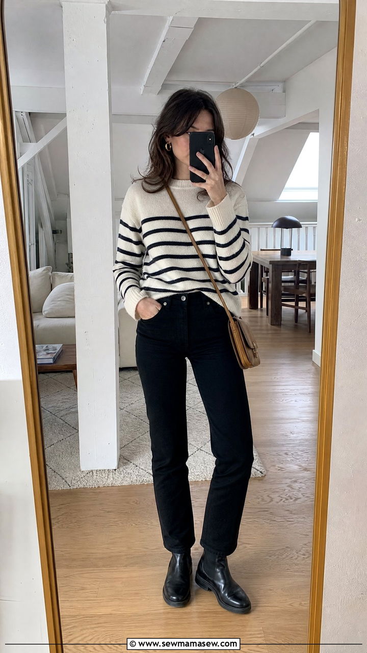 Striped Sweater And Black Jeans With Gold Hoops - 25 French girl outfit ideas with gold hoops
