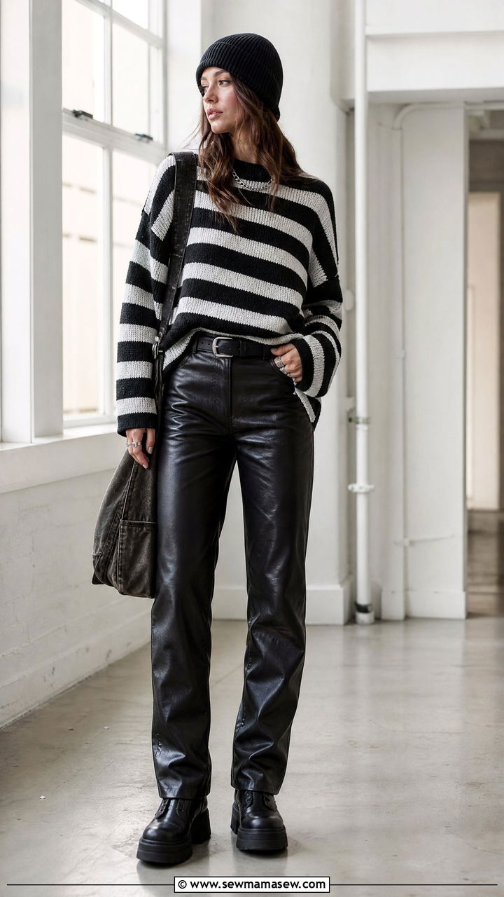 Striped Sweater And Leather Pants Combo - 25 Grunge outfit ideas 2026