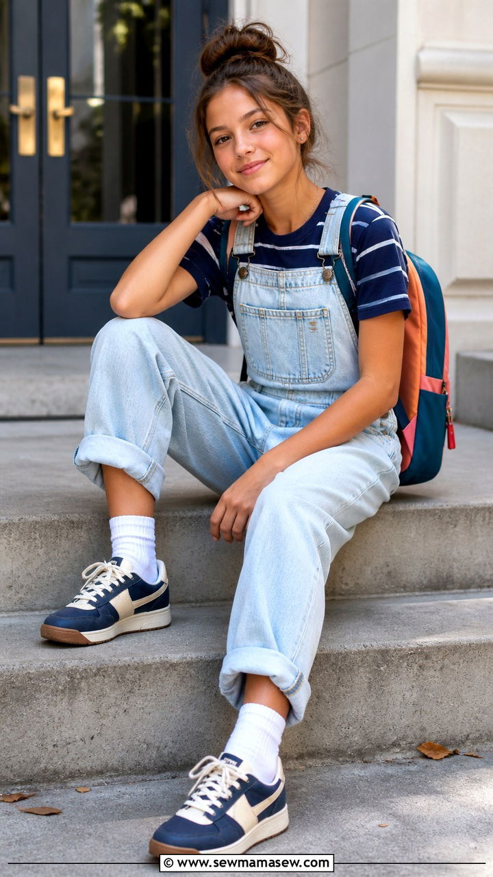 Striped Sweater And Relaxed Denim Overalls Outfit - 40 back to school outfits 2026