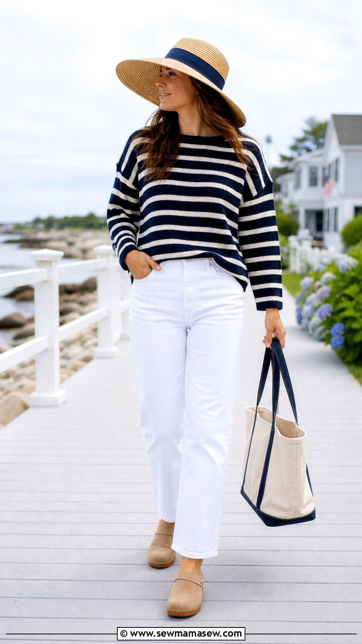 Striped Sweater And White Denim - 40 summer coastal grandmother outfits