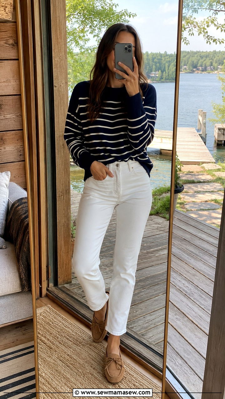 Striped Sweater And White Jeans Outfit - 30 Spring cabin outfits