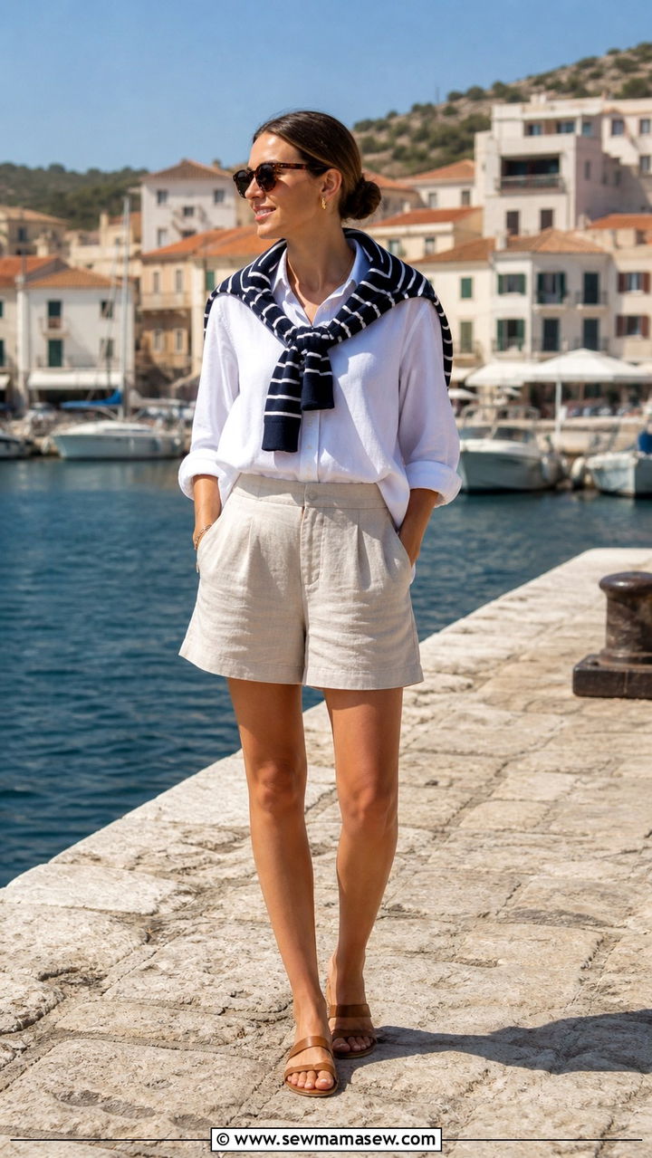 Striped Sweater Draped Over Shoulders with a White Button Down Shirt and Relaxed Linen Shorts - 40 Parisian outfit ideas