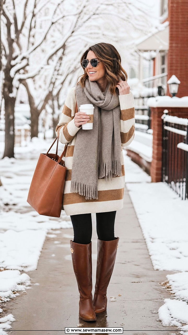 Striped Sweater Dress With Leggings And Boots - 30 Striped dress outfit ideas