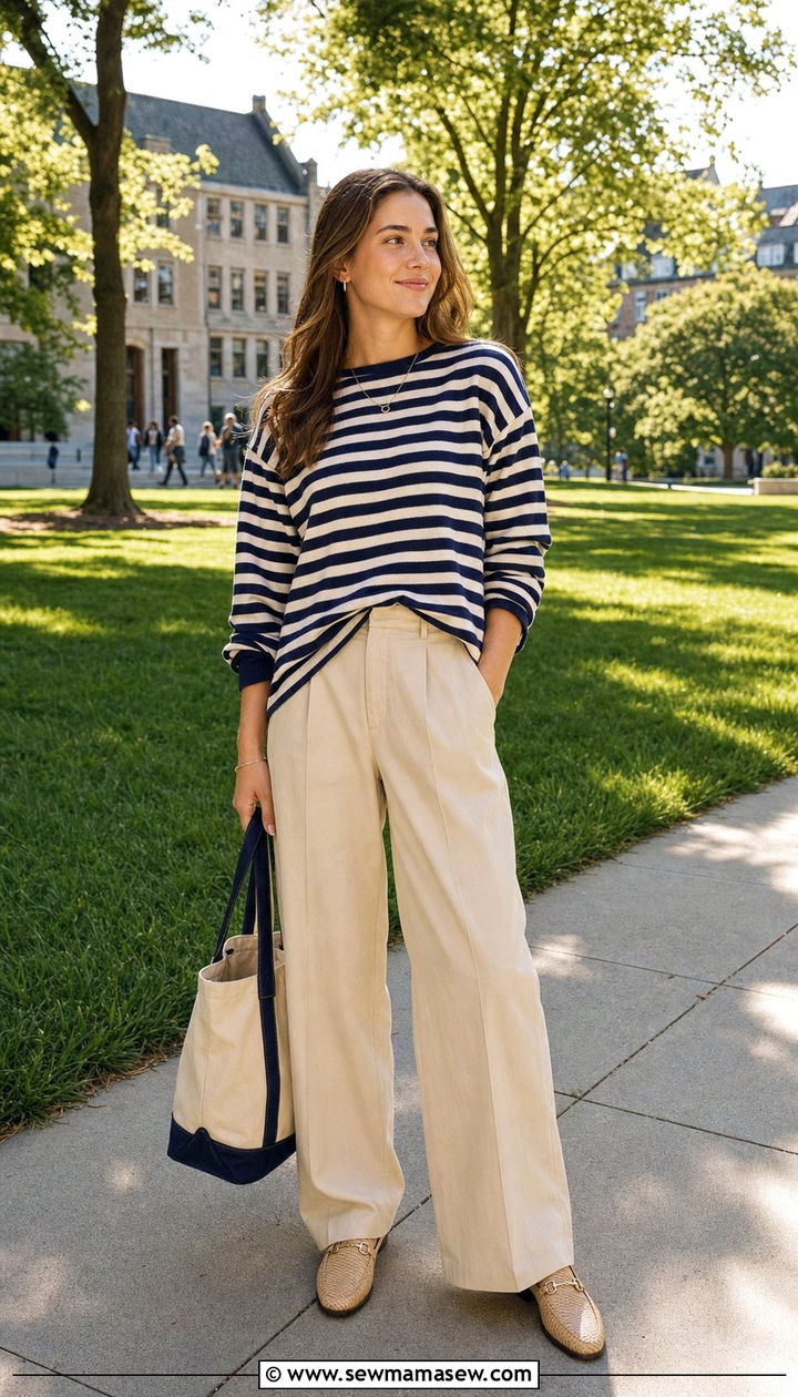 Striped Sweater Neutral Trousers College Outfit - 25 College outfit ideas modest