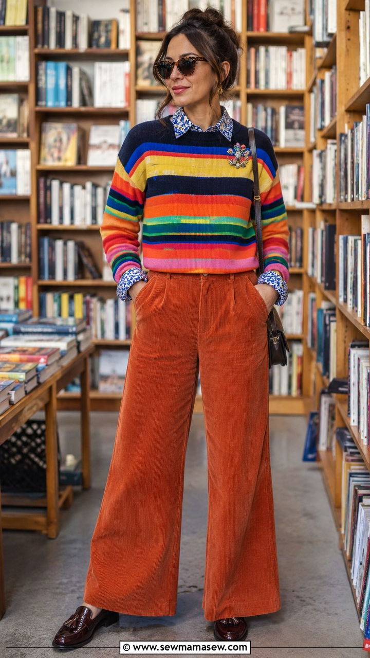Striped Sweater Over A Collared Shirt With Corduroy Pants And Loafers - 30 casual maximalist outfits