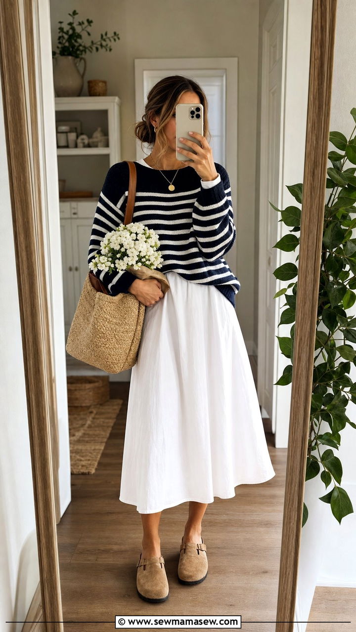 Striped Sweater Over a White Midi Dress - 25 coastal grandmother outfits inspo
