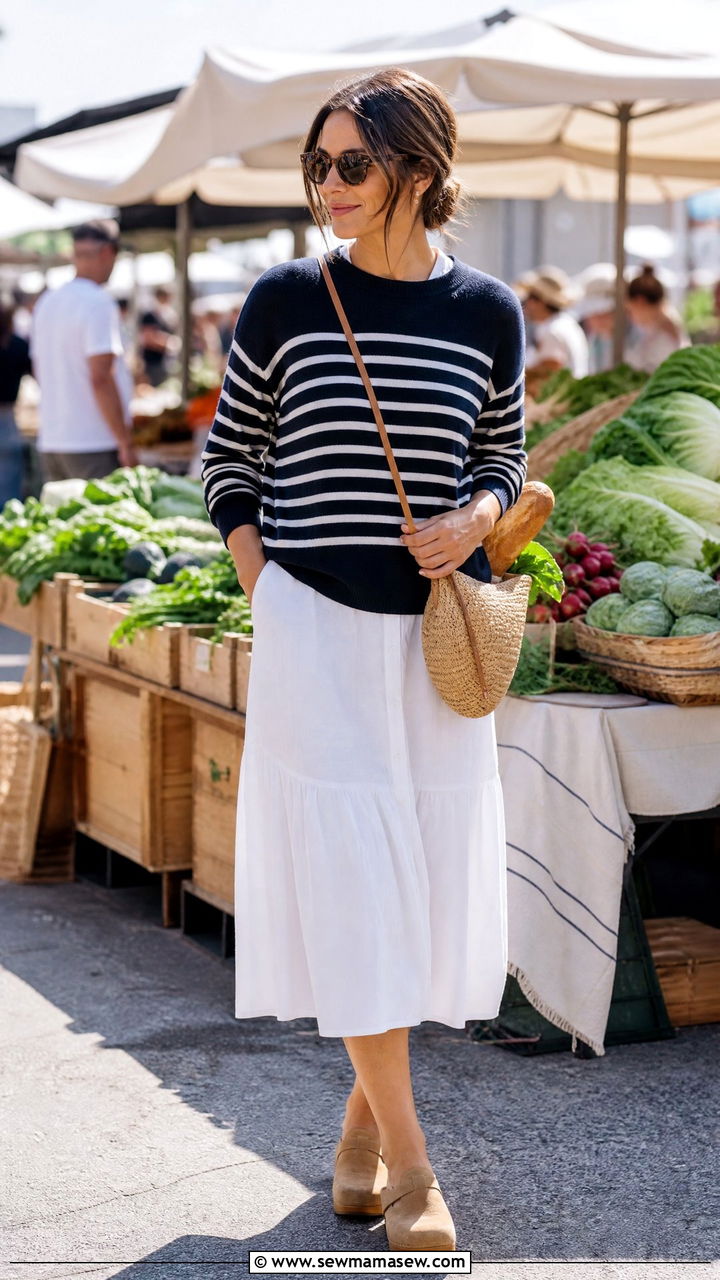 Striped Sweater Over a White Midi Dress - 25 casual coastal grandmother outfits