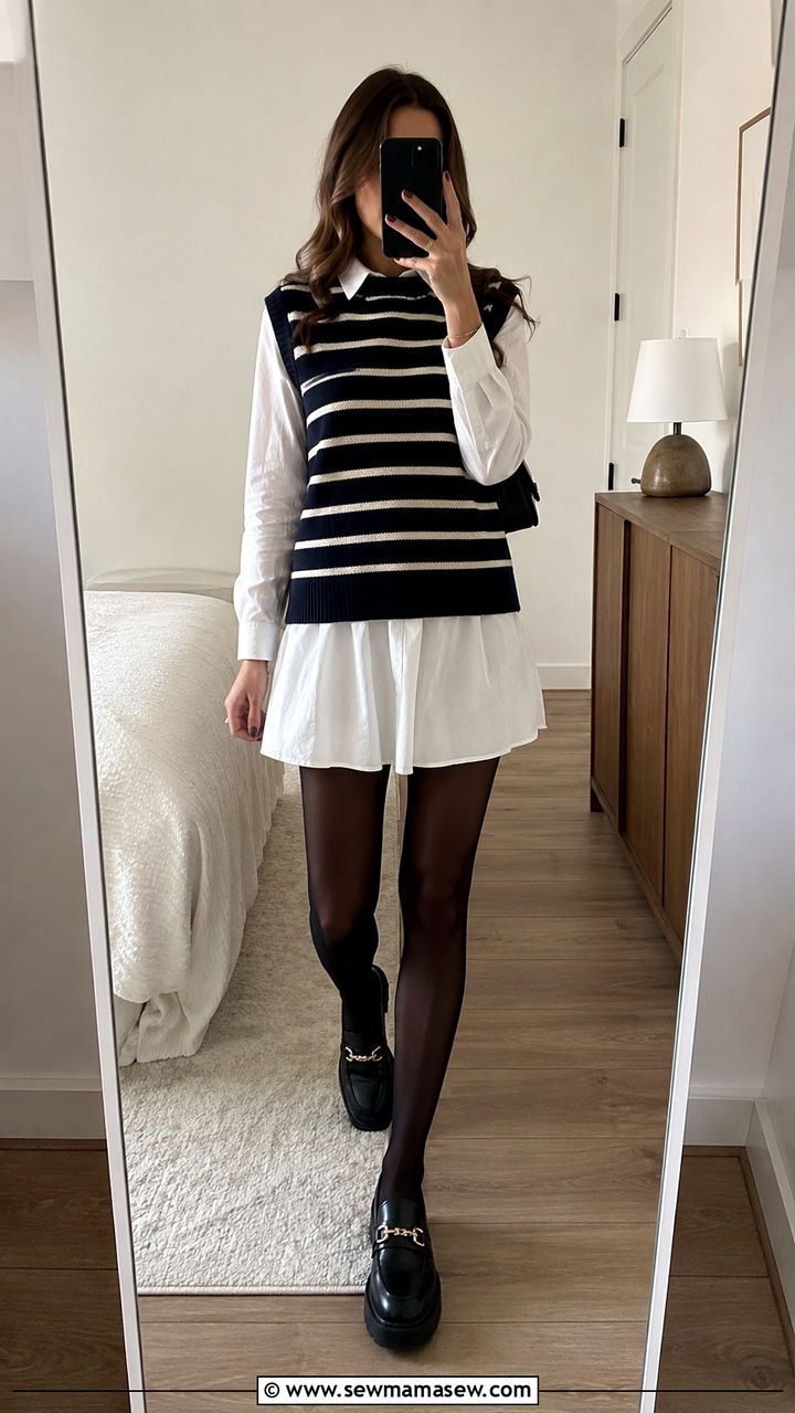 Striped Sweater Vest Over a Collared White Dress - 20 dark academia outfits to copy