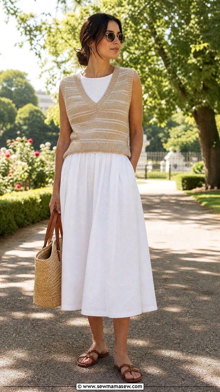 Striped Sweater Vest With White Cotton Midi Skirt and Braided Sandals - 30 summer light academia outfits