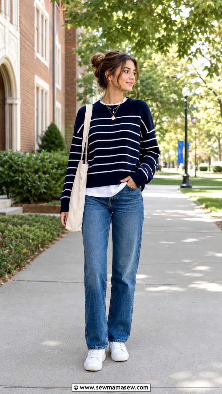 Striped Sweater White Tee and Straight Jeans - 30 Outfit ideas for college girls