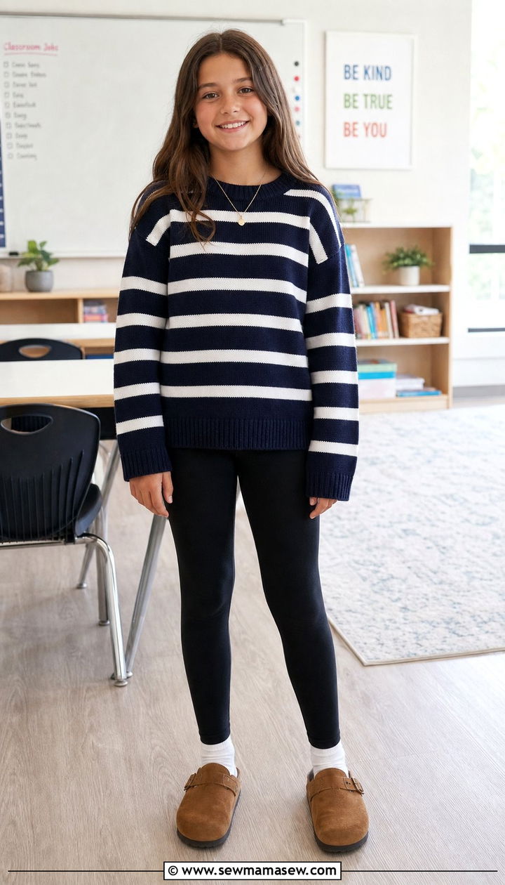 Striped Sweater With Black Leggings and Brown Slip On Shoes - 35 Back to school outfit ideas 7th grade