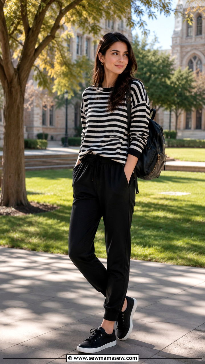 Striped Sweater With Black Sweatpants And Black Sneakers - 30 School outfit ideas with sweatpants