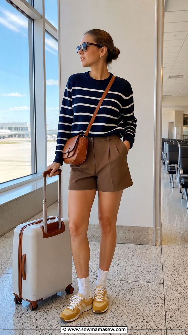 Striped Sweater With Brown Tailored Shorts - 25 Airport outfit ideas for economy