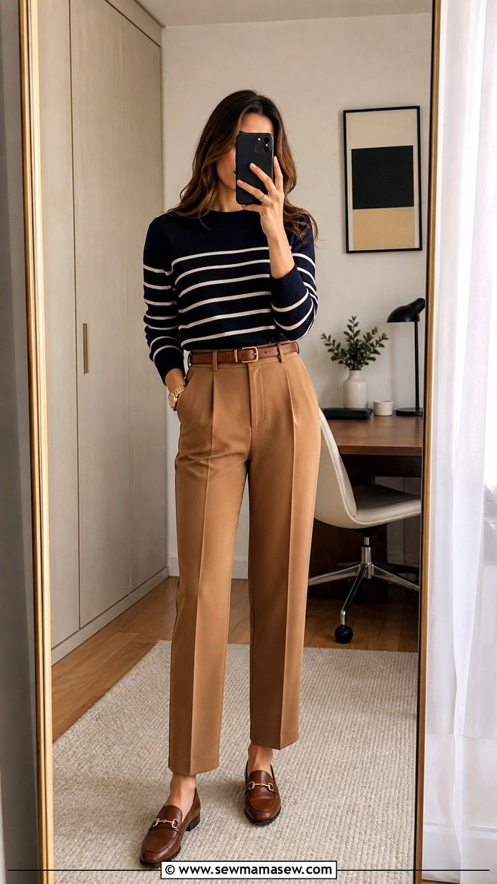 Striped Sweater With Camel Trousers And Loafers - 40 casual work outfits