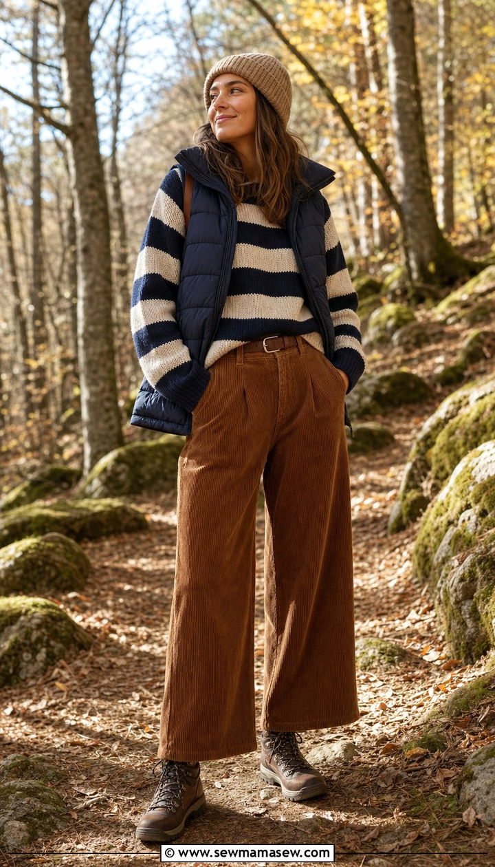 Striped Sweater With Corduroy Trousers and a Quilted Puffer Vest - 25 Eclectic grandpa outfit ideas