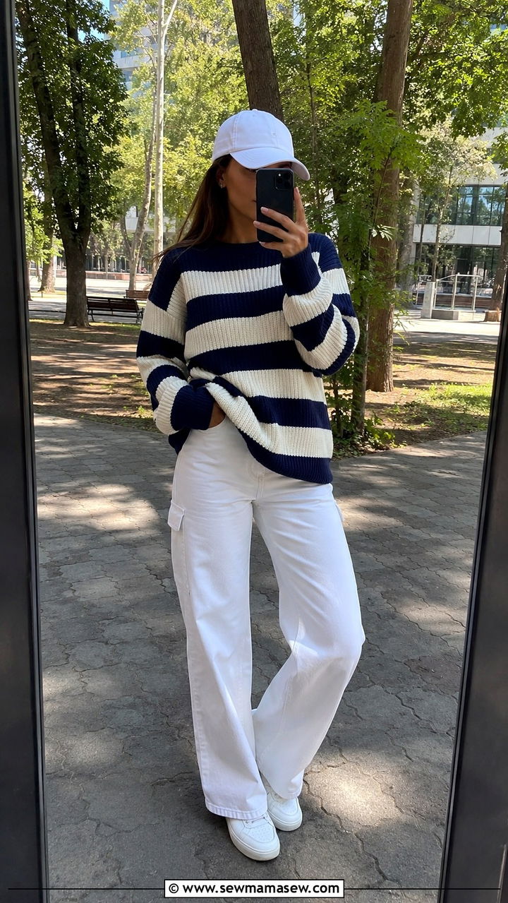 Striped Sweater With White Jeans And Baseball Cap Outfit Light Academia - 30 casual light academia outfits