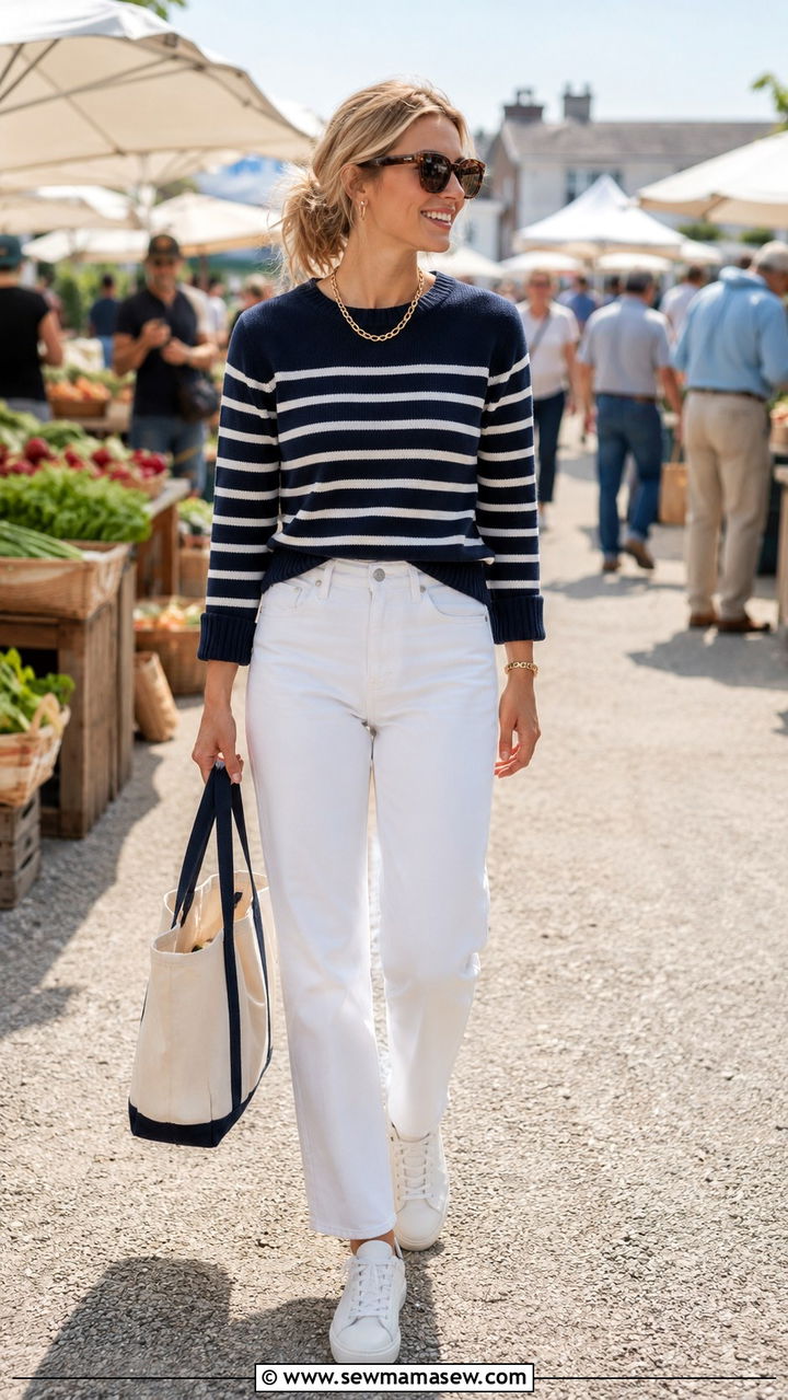 Striped Sweater With White Jeans And Sneakers - 30 Old money outfit ideas for Nantucket