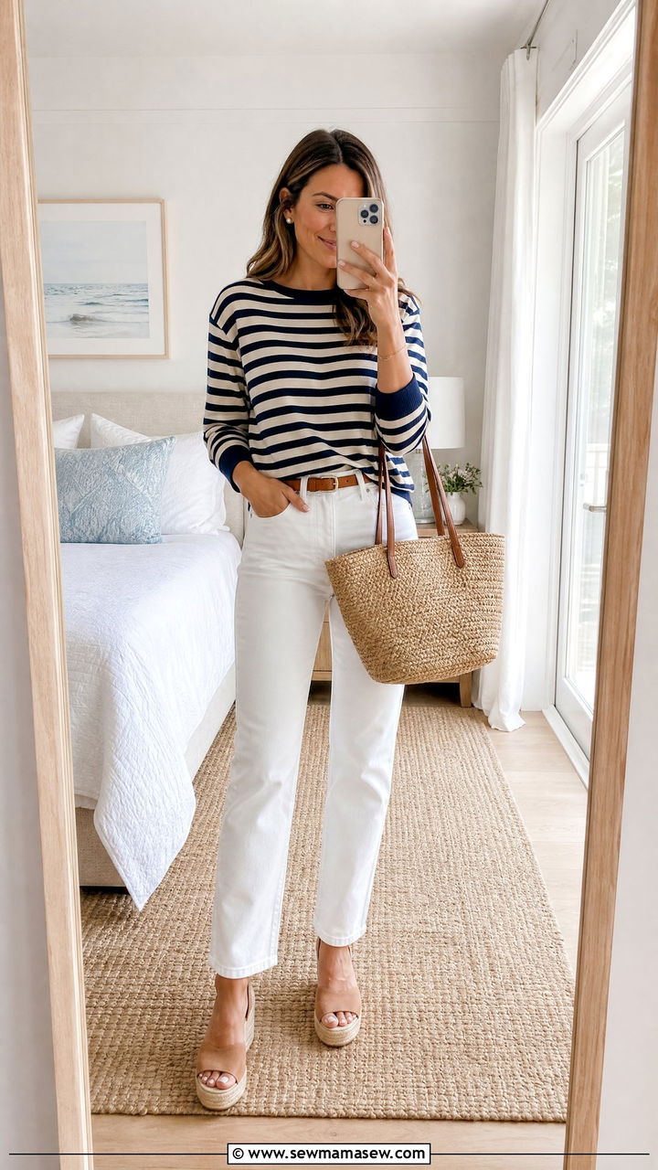 Striped Sweater With White Straight Leg Jeans - 30 Summer outfits with light sweaters