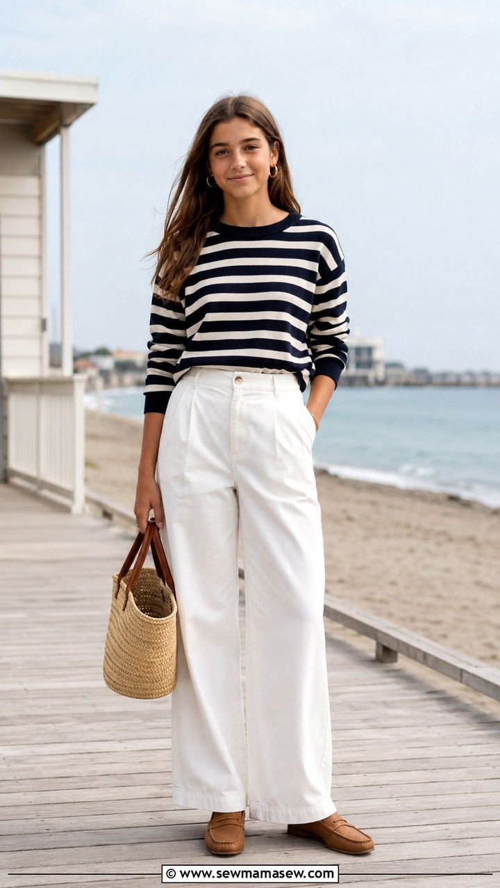 Striped Sweater With White Trousers Old Money Outfit - 20 Old money outfit ideas for teens