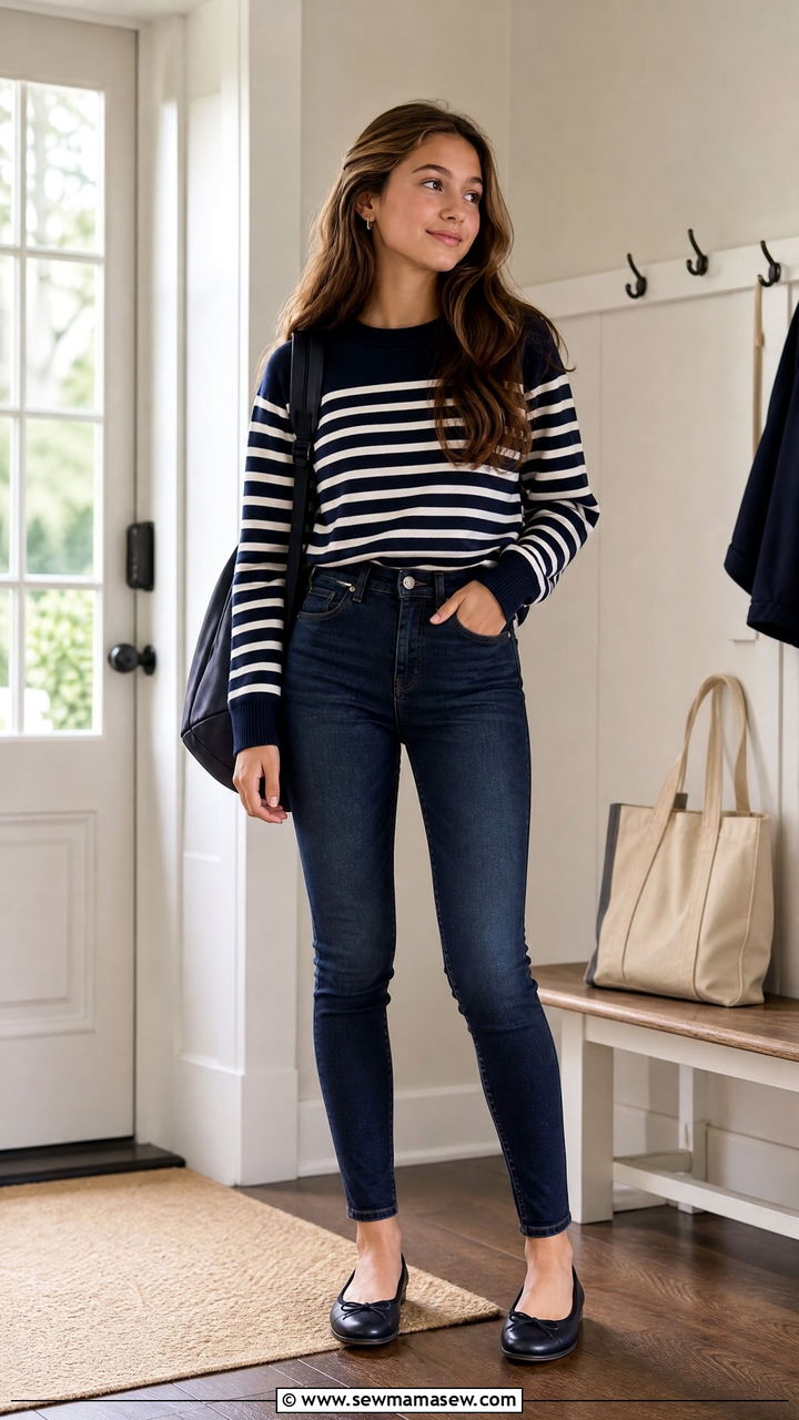 Striped Sweater and Dark Wash Jeans Outfit - 25 First day of 9th grade outfit ideas