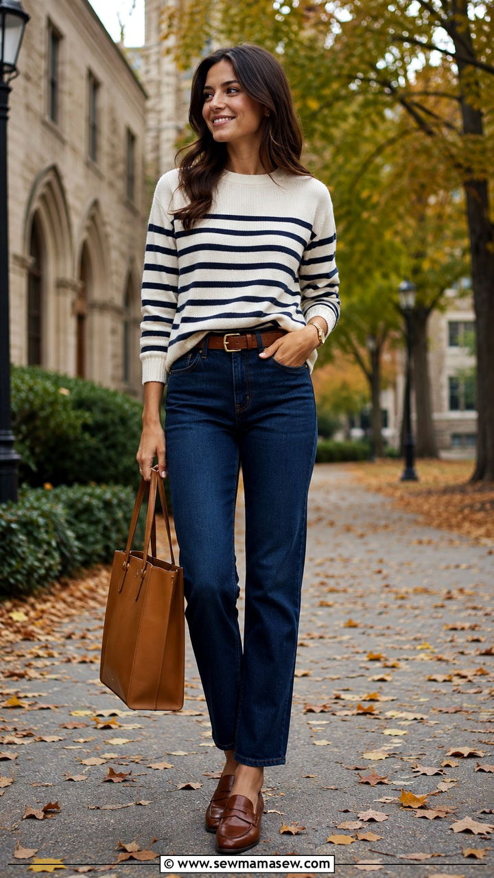 Striped Sweater and Dark Wash Straight Jeans - 30 casual back to school outfits