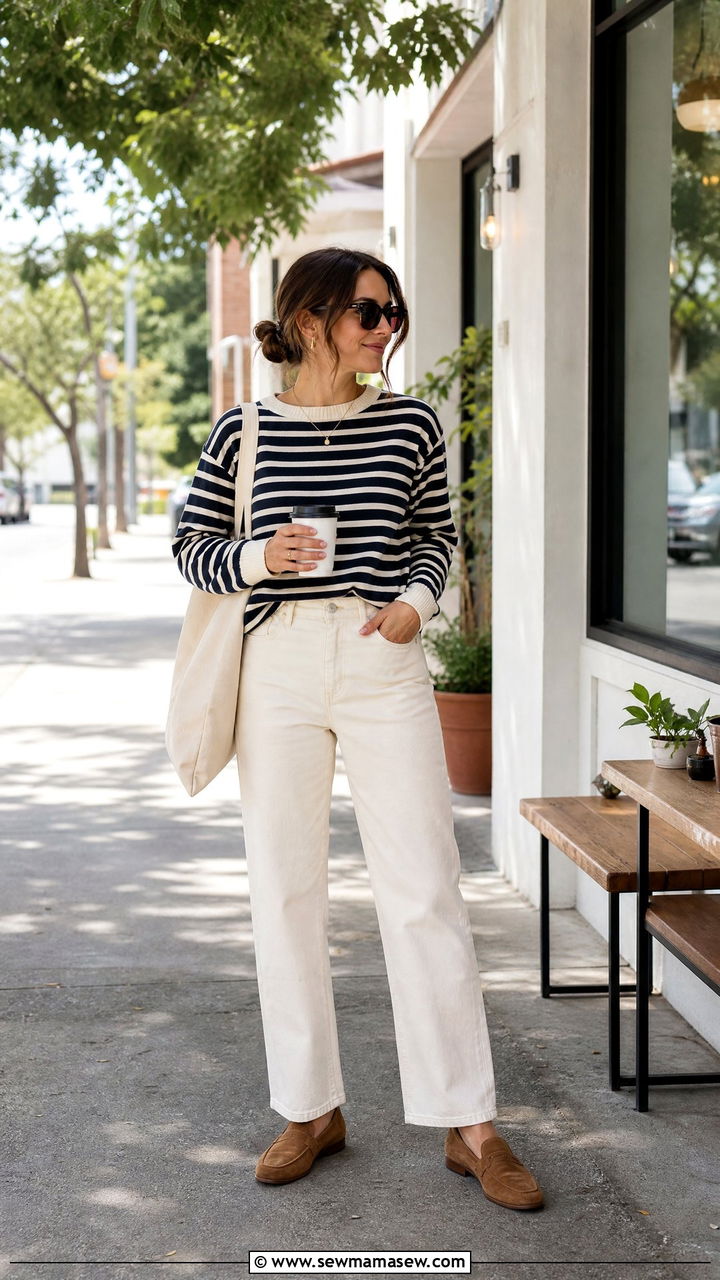 Striped Sweater and Ecru Jeans - 25 casual aesthetic outfits