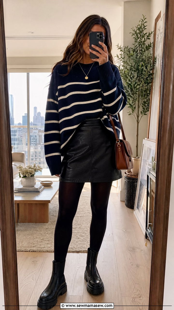 Striped Sweater and Leather Skirt Outfit - 35 Downtown girl outfit ideas