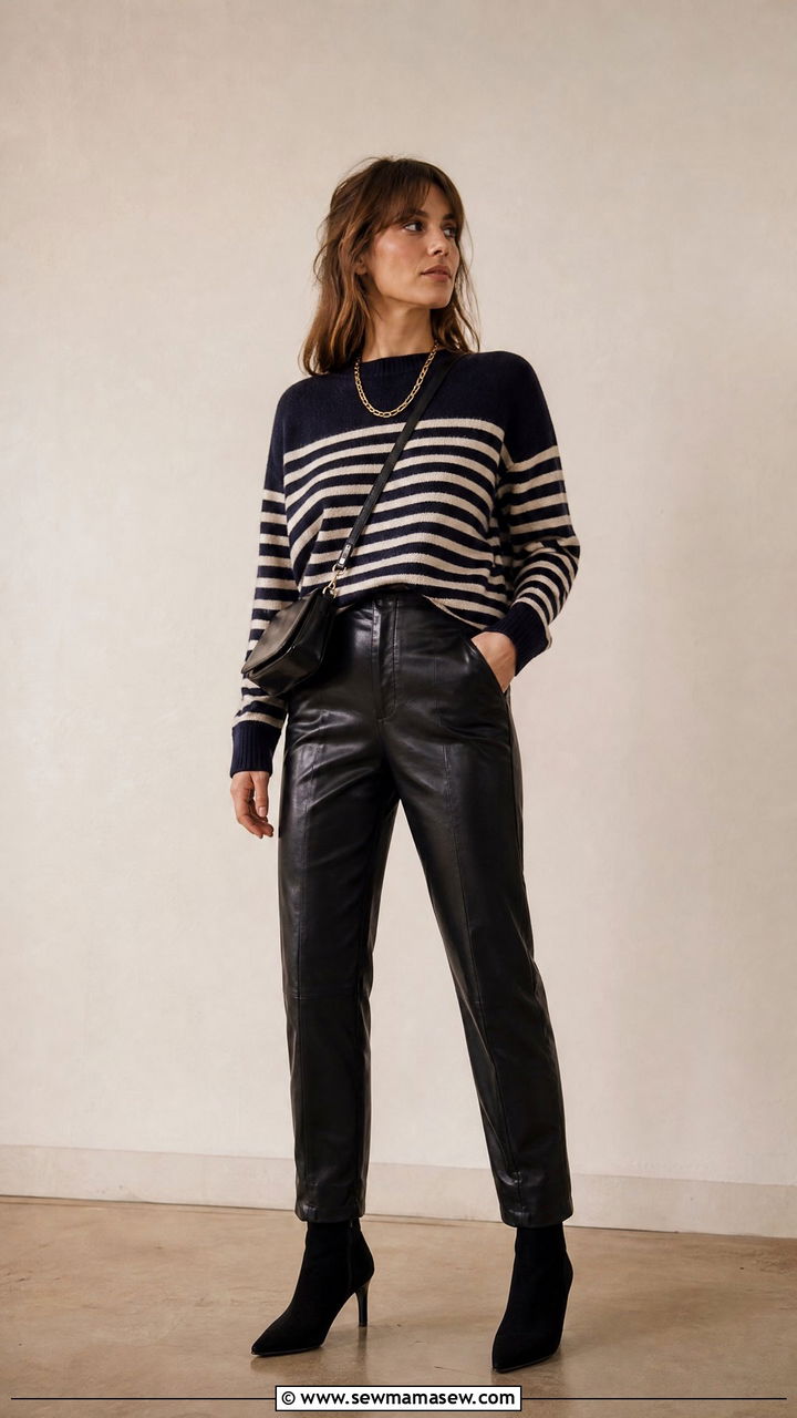 Striped Sweater and Leather Trousers - 30 french girl capsule wardrobe outfits