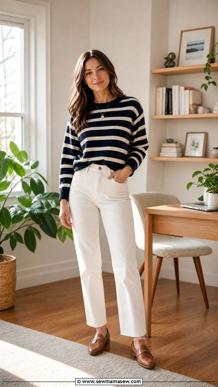 Striped Sweater and White Jeans Home Office Outfit - 25 Home office outfit ideas