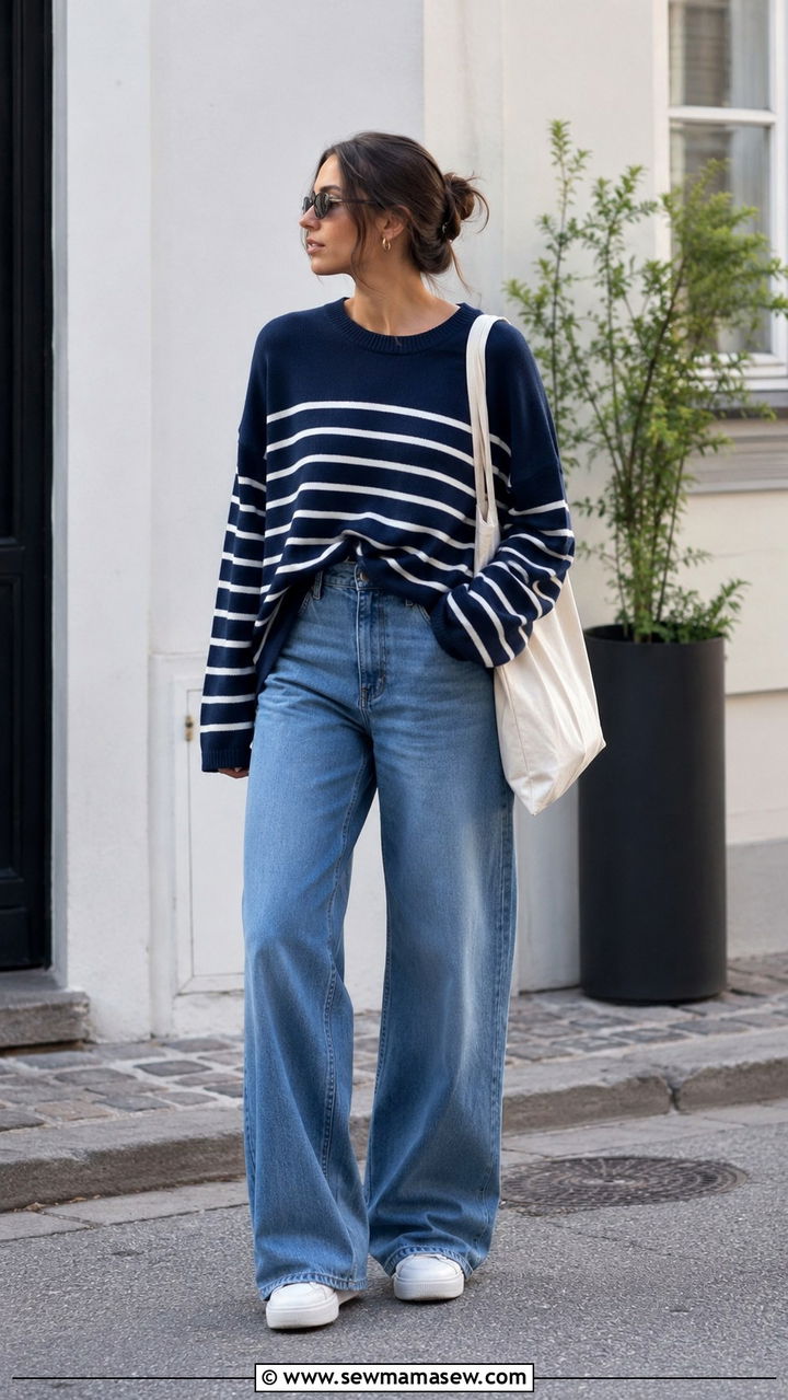 Striped Sweater and Wide Leg Jeans Outfit - 30 spring outfit ideas aesthetic