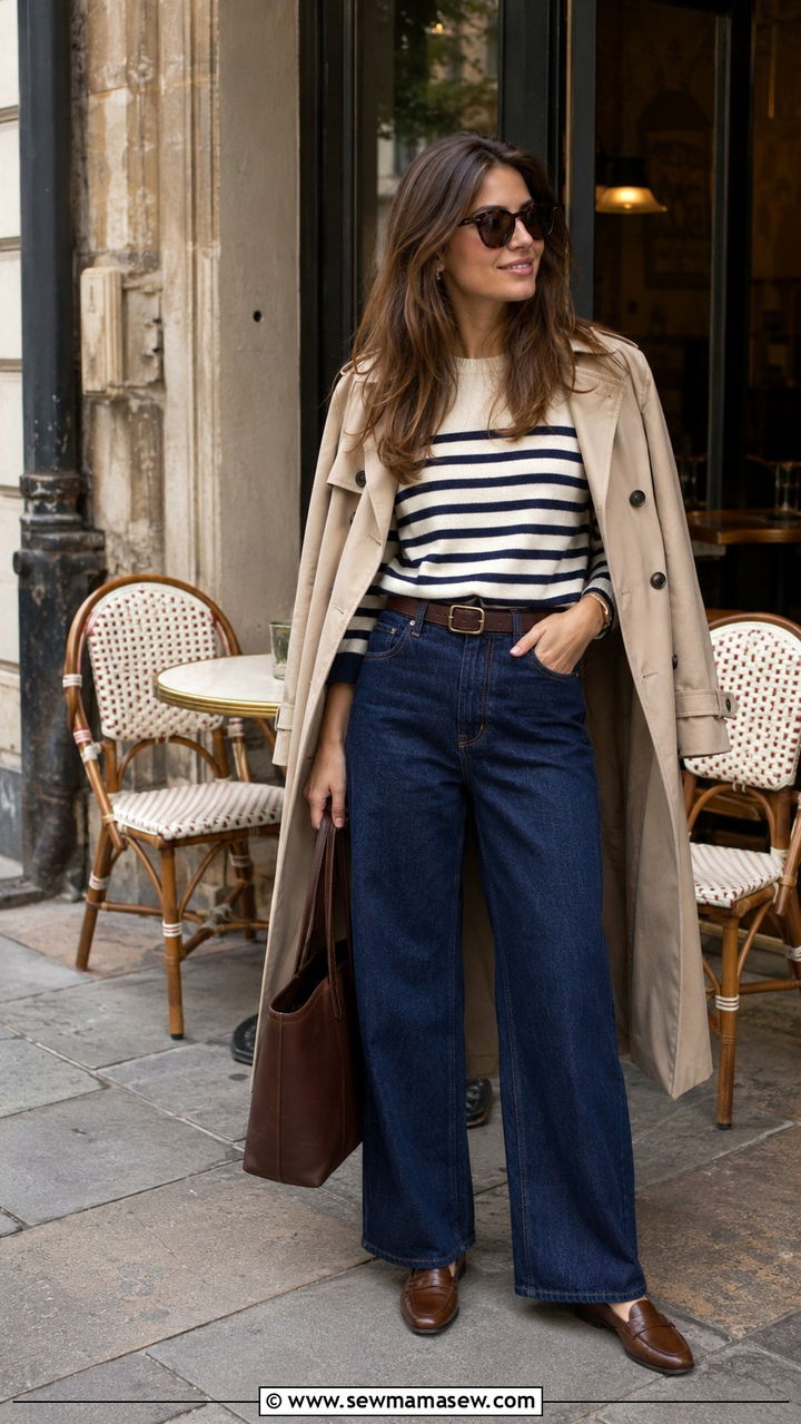 Striped Sweater and Wide Leg Jeans With Loafers - 25 Wide leg jeans outfit ideas with a sweater