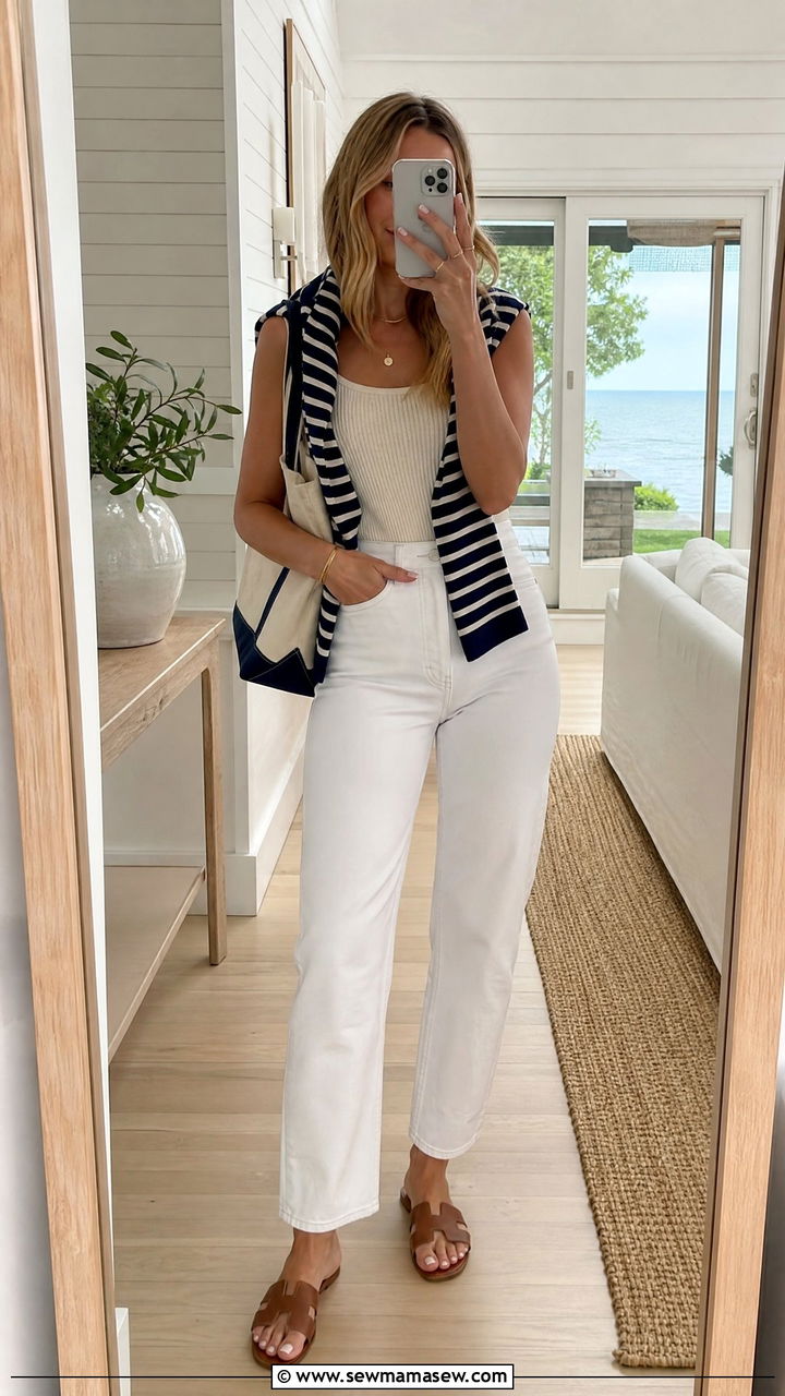 Striped Sweater over Shoulders with White Denim - 30 Coastal grandmother summer outfits