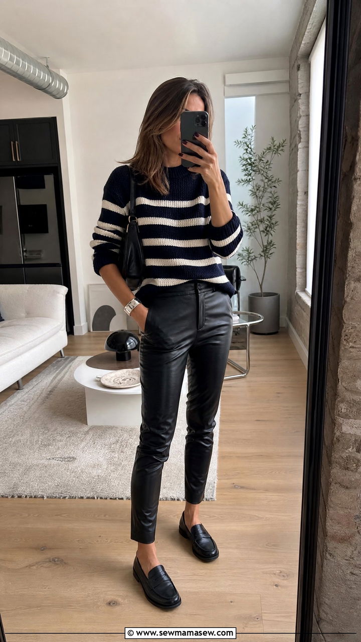Striped Sweater with Black Leather Pants and Loafers - 30 French girl outfit ideas minimalist