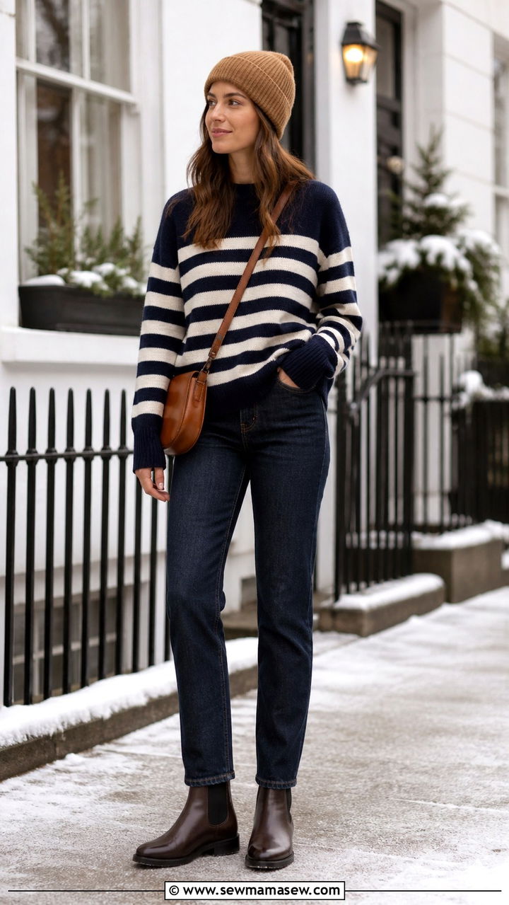 Striped Sweater with Dark Denim Jeans - 40 parisian outfits for women