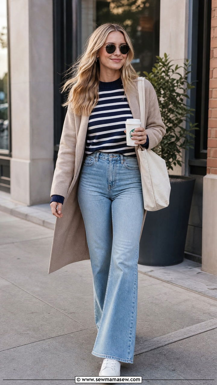 Striped Sweater with Flared Jeans and White Sneakers - 25 French girl outfit ideas with a striped shirt