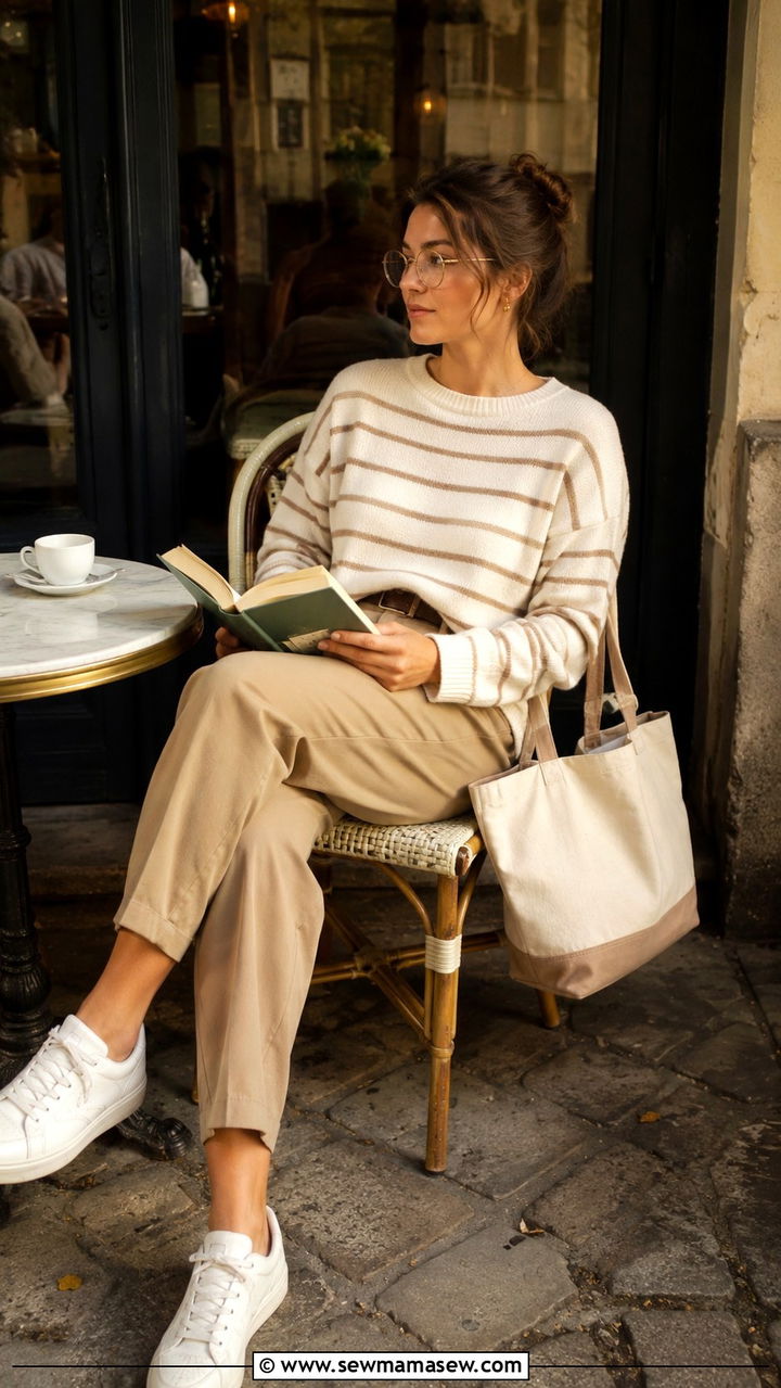 Striped Sweater with Khaki Trousers - 30 light academia outfits to copy
