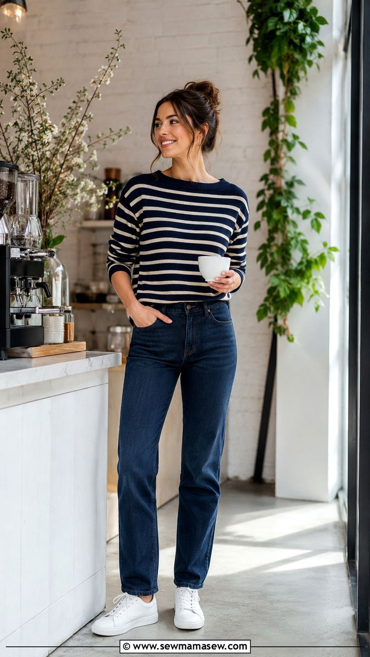Striped Sweater with Navy Jeans and White Leather Sneakers - 30 Spring outfit ideas for barista