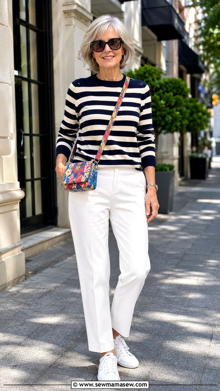 Striped Sweater with White Trousers Outfit - 30 Chic outfit ideas for women over 60