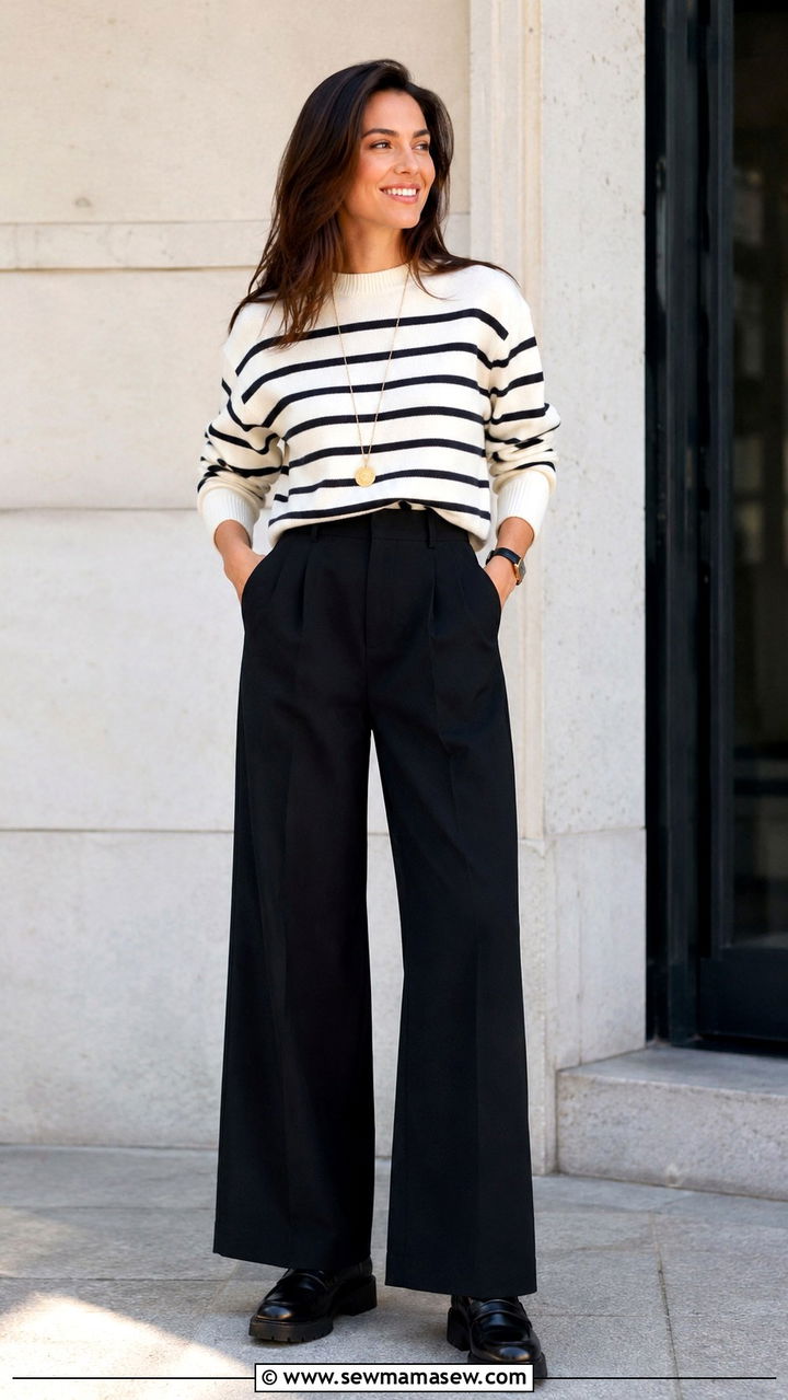 Striped Sweater with Wide Leg Black Pants - 30 business casual outfits ideas