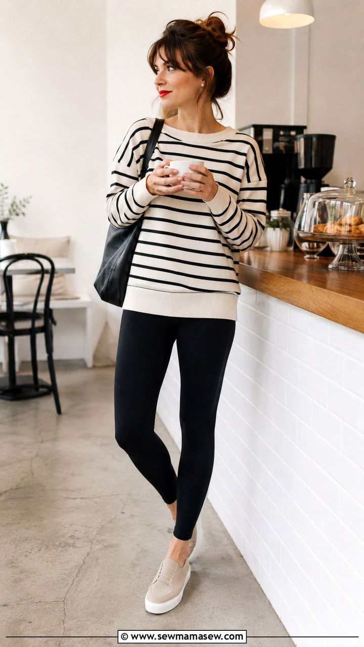 Striped Sweatshirt with Leggings and Slip On Sneakers - 30 Sweatshirt and leggings outfit ideas