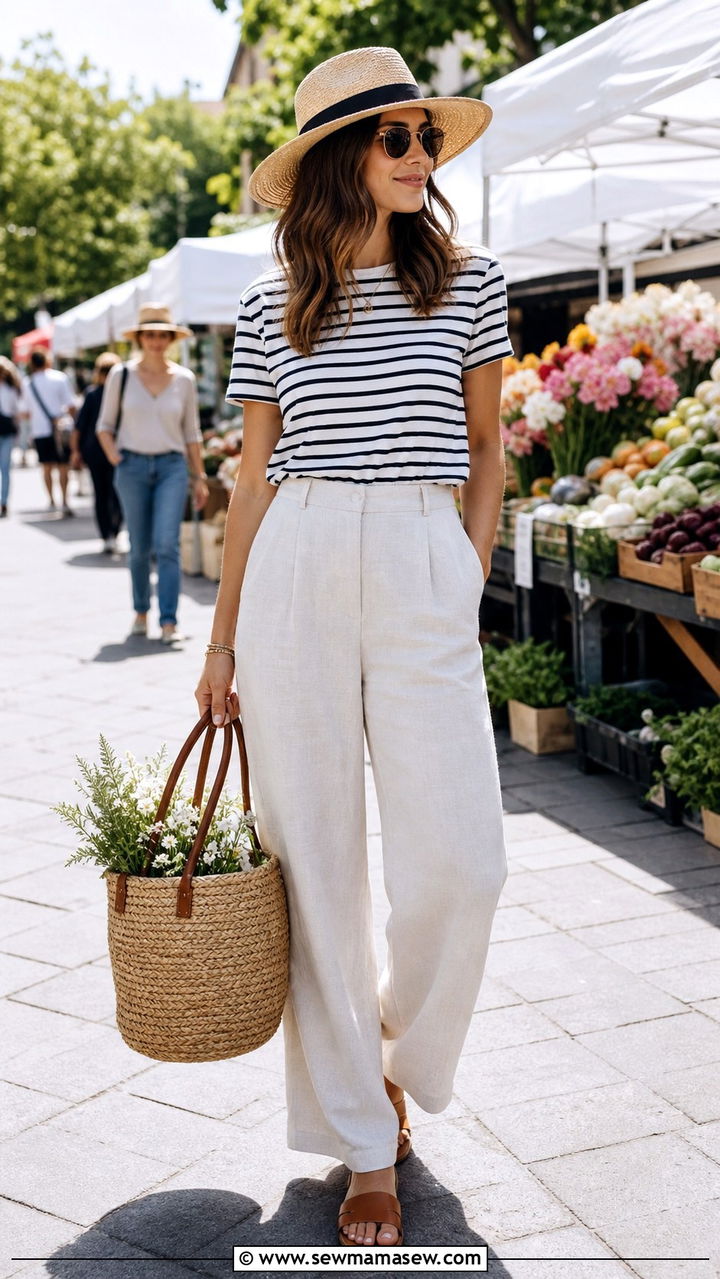 Striped T Shirt And Wide Leg Linen Pants Farmers Market Outfit - 40 Spring farmers market outfits