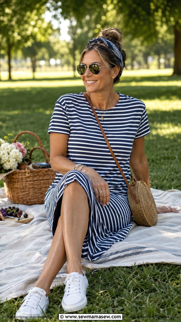 Striped T Shirt Dress And Canvas Sneakers Picnic Look - 30 Picnic outfits for women over 40