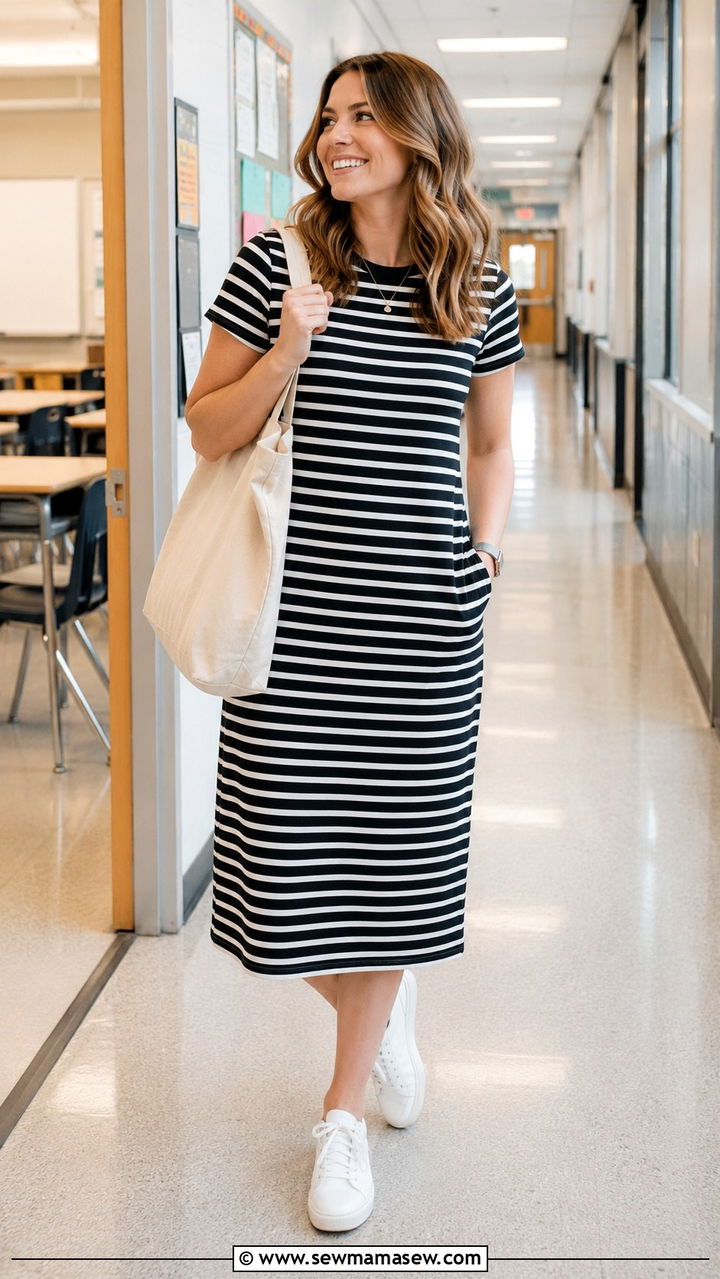 Striped T Shirt Dress With White Sneakers - 30 Teacher outfits with dresses