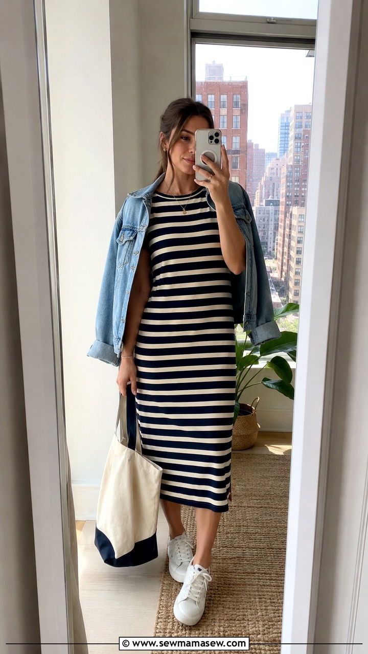 Striped T Shirt Dress with Denim Jacket Outfit - 25 Mid July outfit ideas