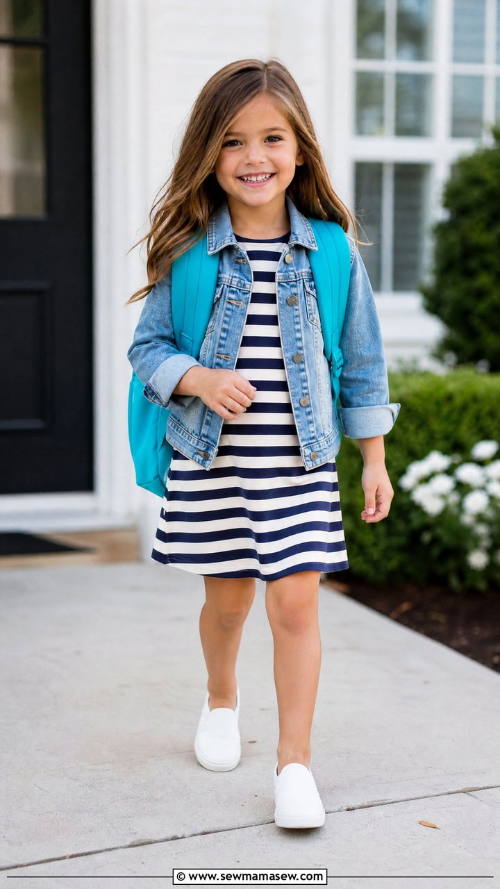 Striped T Shirt Dress with Denim Jacket - 25 First day of kindergarten outfit ideas